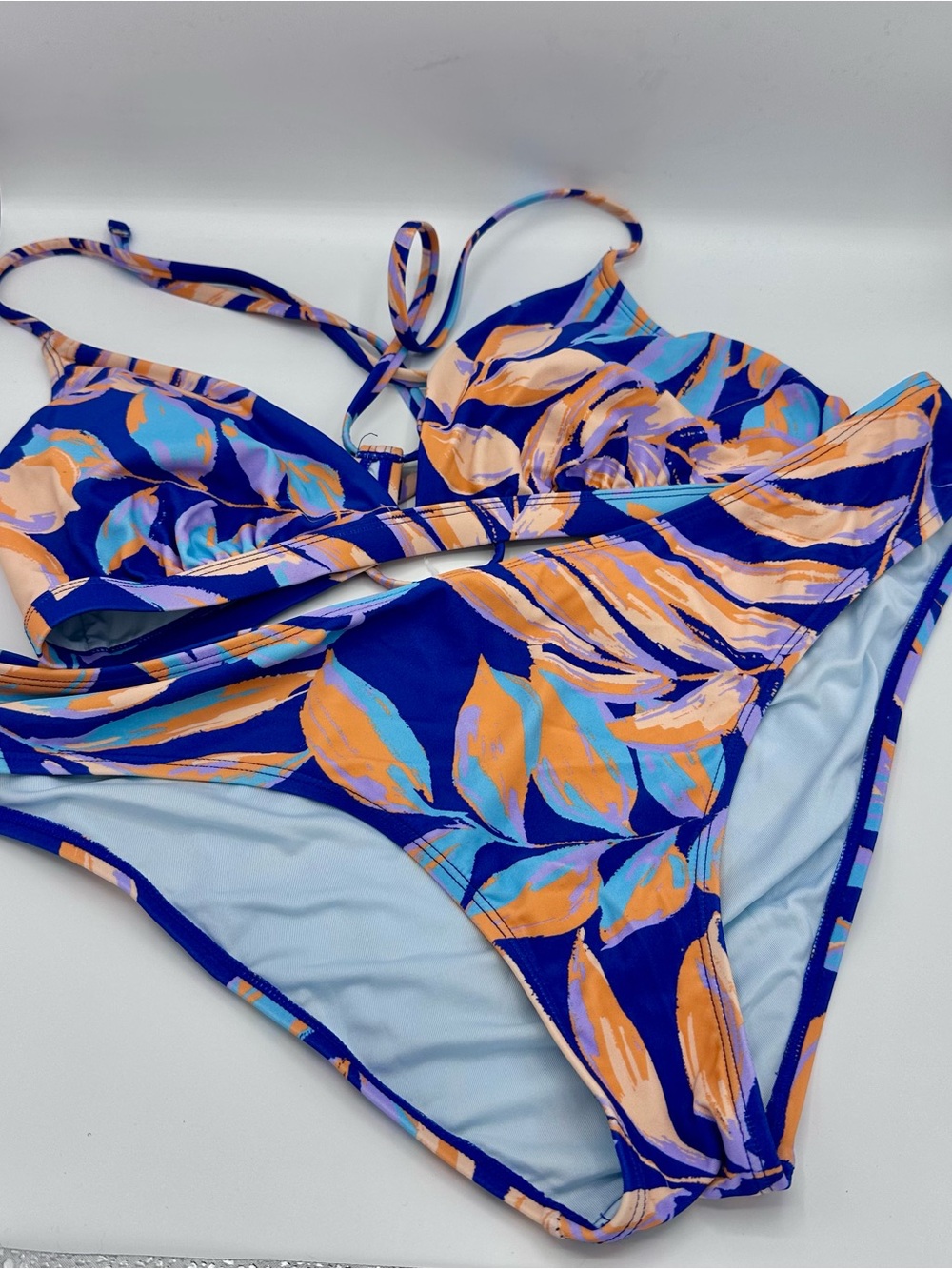 Tropical Leaf Print Two-Piece Bikini in Blue & Orange Size XL (1293)
